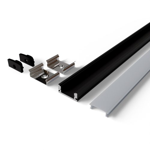 Avide Alu Profil "U", 17.4x7mm fekete alu fehér opál búrával 1m, "szett"