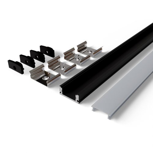 Avide Alu Profil "U", 17.4x7mm, fekete alu fehér opál búrával, 2m, "szett"