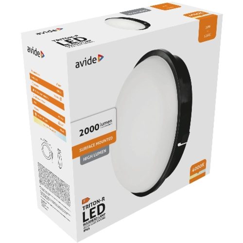 AVIDE Cseppálló Mennyezeti Lámpa Triton-R Kerek Ip65 20W Nw 4000K Fekete 100Lm/W