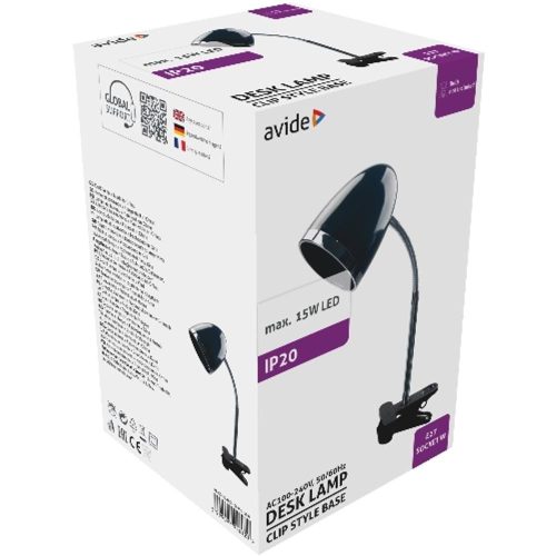 AVIDE Basic Asztali Lámpa Csíptethető Fekete E27 Max.15W