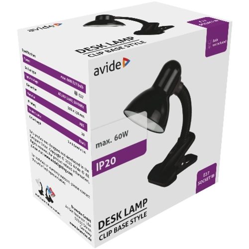 AVIDE Basic Asztali Lámpa Csíptethető Fekete Max 60W