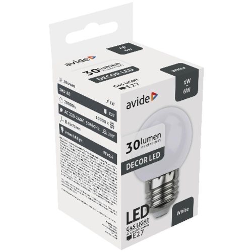 AVIDE Dekor Led Fényforrás G45 1W E27 Fehér