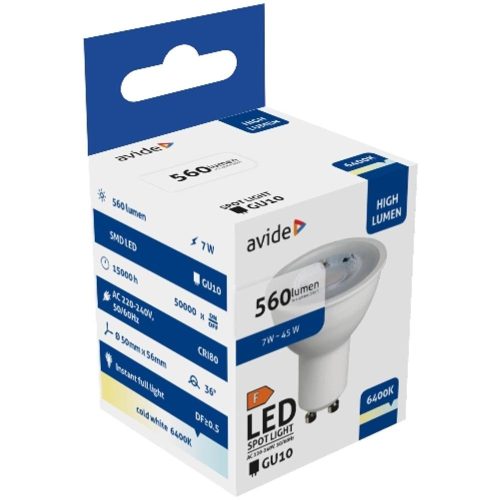 AVIDE Led Spot Alu+Plastic 7W Gu10 36° Cw 6400K