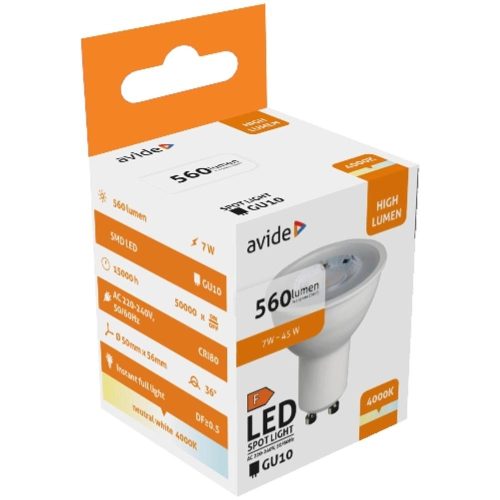 AVIDE Led Spot Alu+Plastic 7W Gu10 36° Nw 4000K