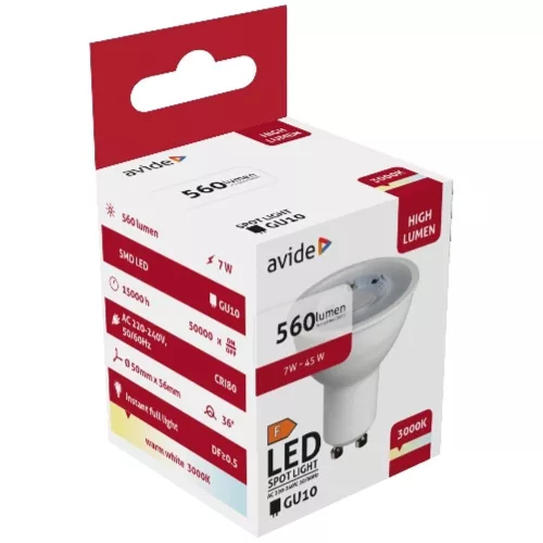 AVIDE Led Spot Alu+Plastic 7W Gu10 36° Ww 3000K