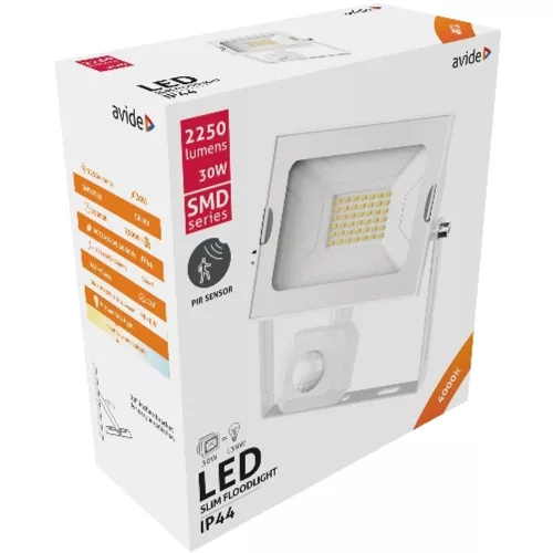 AVIDE Led Reflektor Slim Smd 30W Nw 4000K Mozgásérzékelős Pir Fehér
