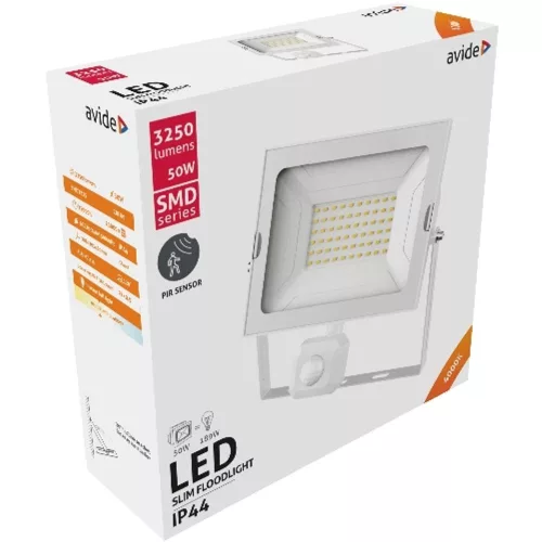 AVIDE Led Reflektor Slim Smd 50W Nw 4000K Mozgásérzékelős Pir Fehér