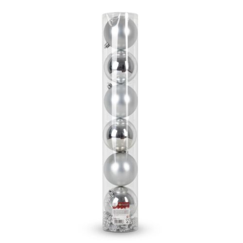 Artezan Karácsonyfadísz Gömb 8cm Cső Ezüst 7db/Doboz + 2m Gyöngyfüzér