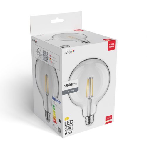 Avide Value LED G125 Filament gömb E27 12W meleg fehér 3000K