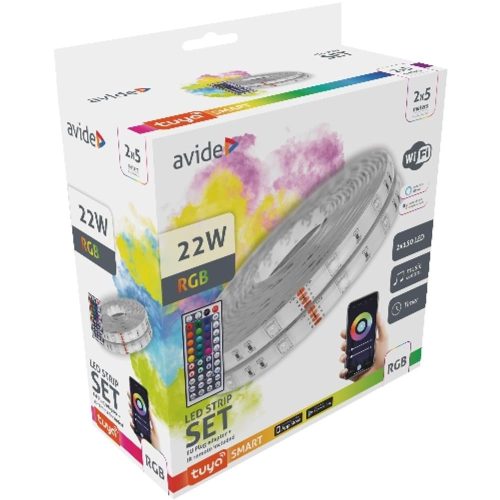 AVIDE Led Szalag Bliszter 12V 22W Rgb 2X5M Tuya - Zene Vez. + Ir Távirányító