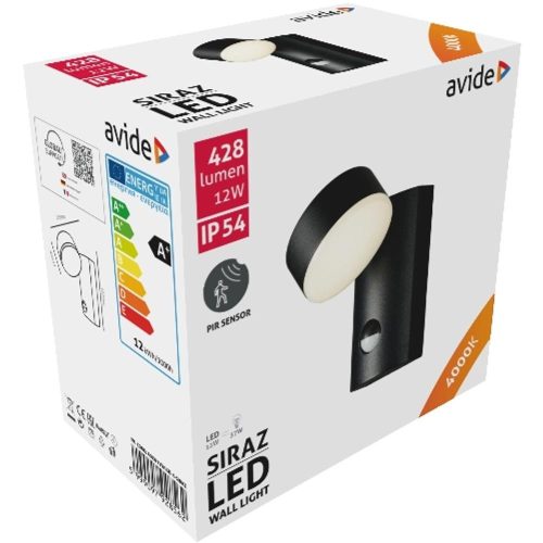 AVIDE Kültéri Fali Lámpa Siraz Led 12W Nw Mozgásérzékelővel Ip54