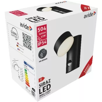   AVIDE Kültéri Fali Lámpa Siraz Led 12W Ww Mozgásérzékelővel Ip54