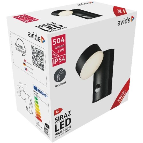 AVIDE Kültéri Fali Lámpa Siraz Led 12W Ww Mozgásérzékelővel Ip54