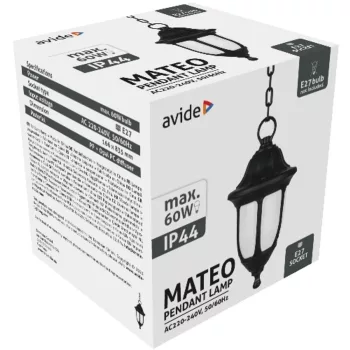 AVIDE Kültéri Függeszték Lámpa Mateo 1Xe27 Fekete Ip44