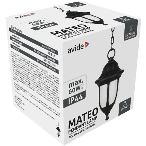 AVIDE Kültéri Függeszték Lámpa Mateo 1Xe27 Fekete Ip44