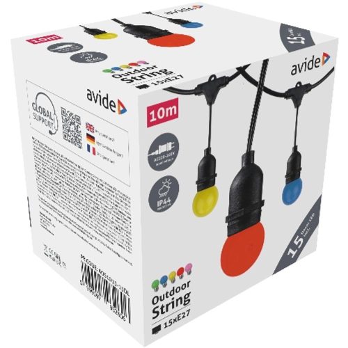 AVIDE Kültéri 220V E27 Füzér 10M 15 Foglalat + 15 Dekor Led