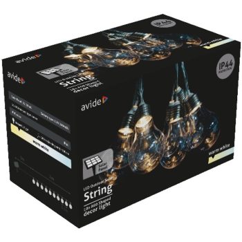   AVIDE Kültéri Szolár Füzér 5M, Átlátszó Kábel, 10 Globe, Ww Ip44