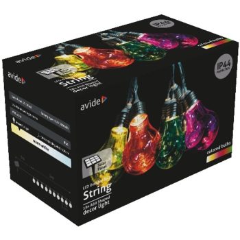   AVIDE Kültéri Szolár Füzér 5M, Átlátszó Kábel, 10 Színezett Globe, Ip44