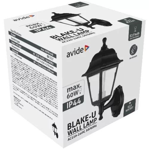 AVIDE Kültéri Fali Lámpa Blake-U 1Xe27 Fekete Ip44 Pir