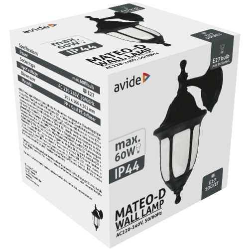 AVIDE Kültéri Fali Lámpa Mateo-D 1Xe27 Fekete Ip44