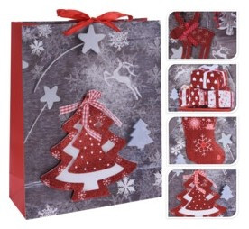 CAA121070 Karácsonyi Dísz Szatyor 4 Féle Mintával 26x10x32 cm
