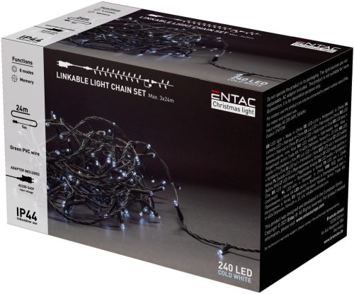 Entac Karácsonyi IP44 240 LED Sorolható Füzér hideg fehér 24m szett adapterrel