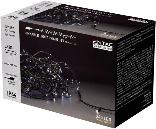 Entac Karácsonyi IP44 240 LED Sorolható Füzér meleg fehér 24m szett adapterrel