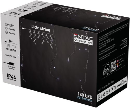 Entac Karácsonyi IP44 180 LED Jégcsapfüzér hideg fehér 4m