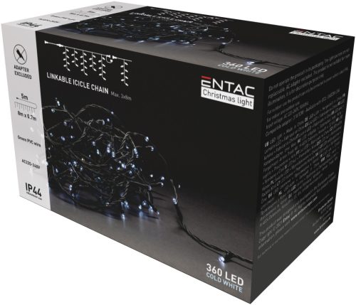 Entac Karácsonyi IP44 360 LED Sorolható Jégcsapfüzér hideg fehér 8m adapter nélkül