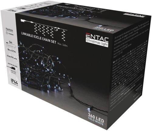 Entac Karácsonyi IP44 360 LED Sorolható Jégcsapfüzér hideg fehér 8m szett adapterrel