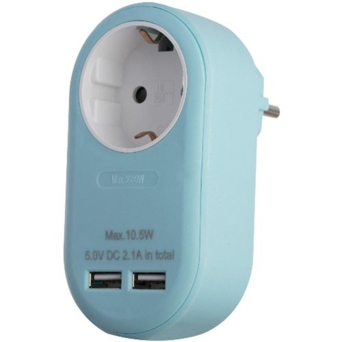AVIDE Entac Hálózati Adapter 1 Földelt Aljzat És 2 Usb (Össz. 2.1A) Kék