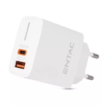  Entac Hálózati gyorstöltő PD & QC, USB + USB-C, 20W, fehér