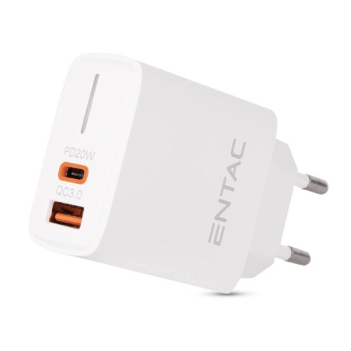 Entac Hálózati gyorstöltő PD & QC, USB + USB-C, 20W, fehér