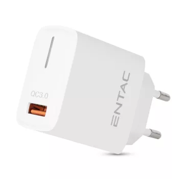 Entac Hálózati gyorstöltő QC, 1xUSB, 18W, fehér