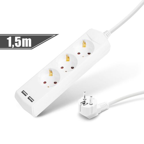 Elosztó 3-as - 3 x 1,5 mm - 1,5 m - 2 x USB-vel - kapcsolós