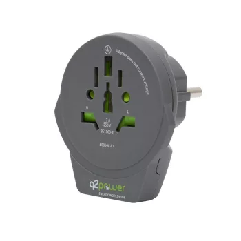   SOMOGYI q2power 1.100110-TH utazóadapter, World to Europe USB, USB 5V 2.4A, max. 16 A, 250 V - 4000 W teljesítmény