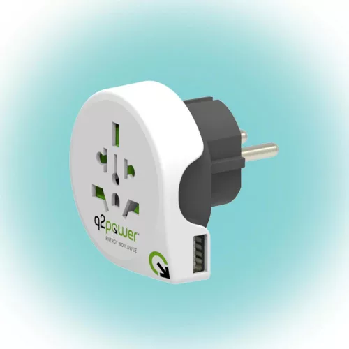 SOMOGYI Q2POWER 1.100110 utazóadapter, World to Europe USB, bemeneti feszültség: 100-250 V, 16 A, teljesítmény: 100V-1600W/250V-4000W, USB port