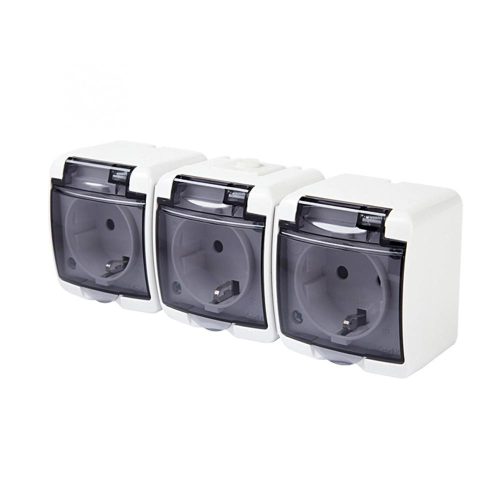 SOMOGYI GAO 22131 3 férőhelyes földelt aljzat, kültéri IP44 kivitel, 230 V~ / 50 Hz / 16 A, fehér-füst