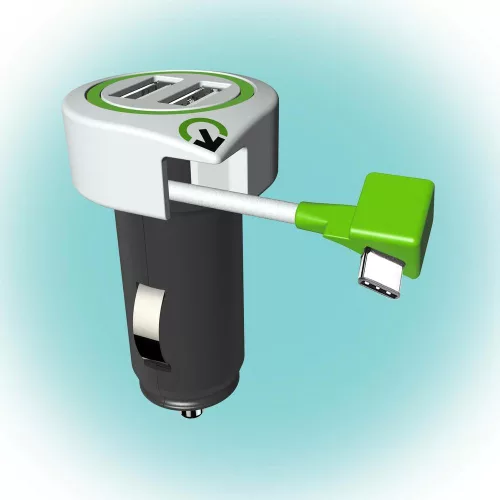 SOMOGYI SAL 3.100130 autós USB töltő, 2 USB aljzat, 1 kihúzható USB type C csatlakozó, 3.1 A megosztott