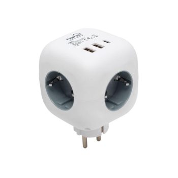   SOMOGYI Home CUBE1 kocka elosztó USB töltővel, 3 aljzat gyermekvédelemmel, 1db USB C, 2db  USB A, max. 3680 W