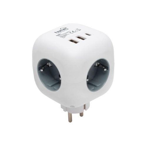 SOMOGYI Home CUBE1 kocka elosztó USB töltővel, 3 aljzat gyermekvédelemmel, 1db USB C, 2db  USB A, max. 3680 W