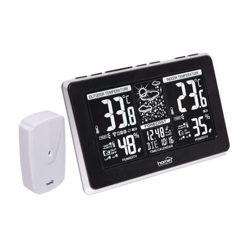 SOMOGYI Home HCW 25 időjárás-állomás külső jeladóval, negatív, fehér LCD kijelző, beltéri hőmérséklet és páratartalom, digitális óra, naptár