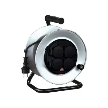  SOMOGYI Home HJRM 10-25 fém kábeldob, 25 m, fém talp és dob, IP44-es védelem, H07RN-F 3G1,5 mm2 gumi kábel, max. 3000 W, védőkapcsoló,  fix, nem forgó aljzatokkal