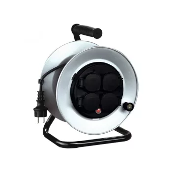  SOMOGYI Home HJRM 10-50 fém kábeldob, 50 m, fém talp és dob, IP44-es védelem, H07RN-F 3G1,5 mm2 gumi kábel, max. 3000 W, védőkapcsoló,  fix, nem forgó aljzatokkal