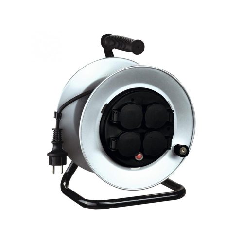 SOMOGYI Home HJRM 10-50 fém kábeldob, 50 m, fém talp és dob, IP44-es védelem, H07RN-F 3G1,5 mm2 gumi kábel, max. 3000 W, védőkapcsoló,  fix, nem forgó aljzatokkal