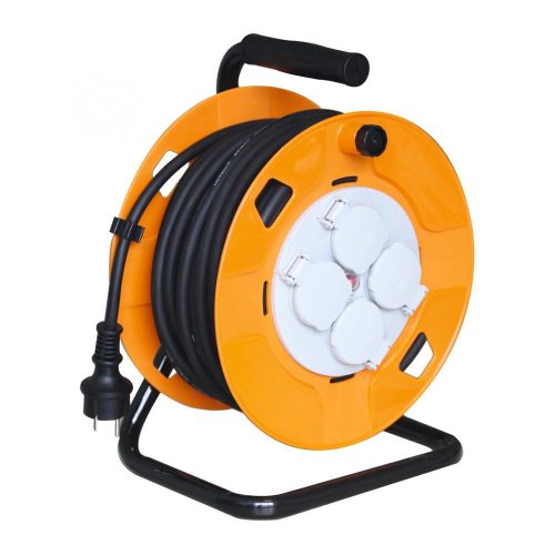 SOMOGYI Home HJR 10-25/2,5 kábeldob, 25 m, fém talp, IP44, H05RR-F 3G 2,5 mm2 gumi kábel, max. 3600 W, 4 aljzat takarófedéllel, védőkapcsoló