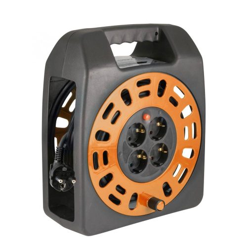 SOMOGYI Home HJR 3-20 kábeldob, 20 m, IP20 kivitel, műanyag tartó, H05VV-F 3G1,0 mm2 kábel, max. 2300 W, védőkapcsoló, 4 védőérintkezős aljzat