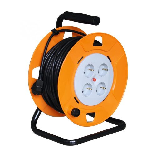 SOMOGYI Home HJR 4-25 kábeldob, 25 m, IP20 kivitel, fém talp, H05VV-F 3G1,0 mm2 kábel, max. 2300 W, védőkapcsoló, 4 védőérintkezős aljzat
