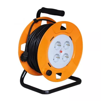   SOMOGYI Home HJR 4-50 kábeldob, 50 m, IP20 kivitel, fém talp, H05VV-F 3G1,5 mm2 kábel, max. 3000 W, védőkapcsoló, 4 védőérintkezős aljzat