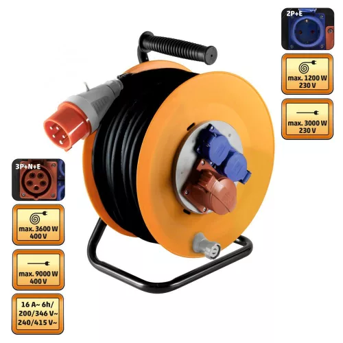 SOMOGYI Home HJR 400-25 kültéri ipari kábeldob, 25 m, fém talp, IP44-es védelem, H07RN-F 5G2,5 mm2 gumi kábel, 2 db 2P+E és 1 db 3P+N+E aljzattal, védőkapcsoló